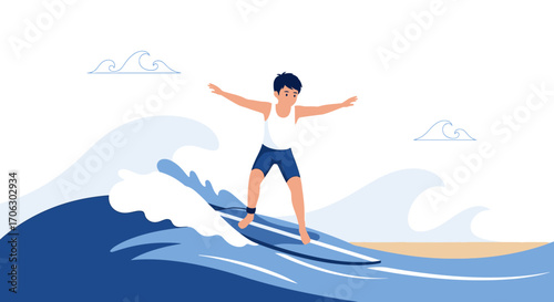 Surfer Riding A Wave During A Bright Day At The Coastline, Vector Illustration