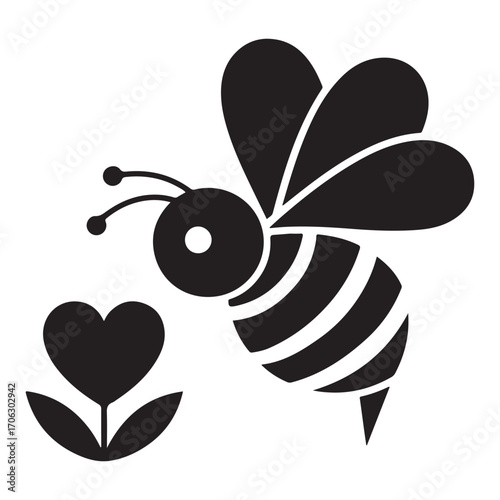 Bee and Flower Silhouette Vector Icon for Nature, Pollination, and Environmental Designs