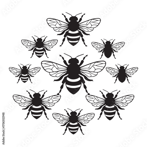 Bee Cluster Silhouette Vector Icons Set for Nature, Beekeeping, and Environmental Themes