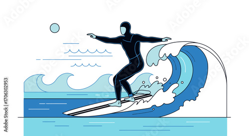 Surfer skillfully balancing on waves in ocean illustration isolated on white background