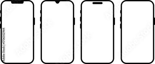 Set of black outline vector silhouettes of smartphones. The collection includes modern mobile phone shapes with notches and rounded corners.