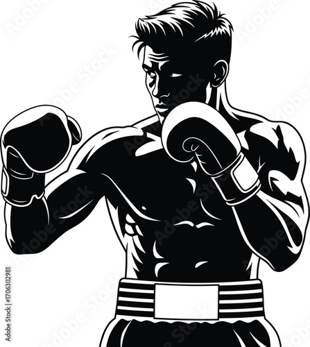 Muscular boxer in fighting stance with gloves, black and white vector illustration for sports, strength, fitness, competition, athletic concept design