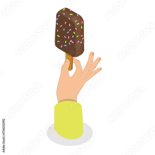 3D Isometric Flat Vector Set of Hands Holding Ice Creams, Food To-go, Cold Frozen Summer Dessert. Item 7