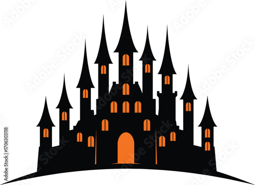 Spooky castle silhouette with orange windows and towers, fantasy vector illustration for Halloween, haunted architecture, medieval design, night concept art