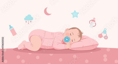 Sweet Dreams: Illustration of a Sleeping Baby with Celestial and Feeding Bottle Accessories