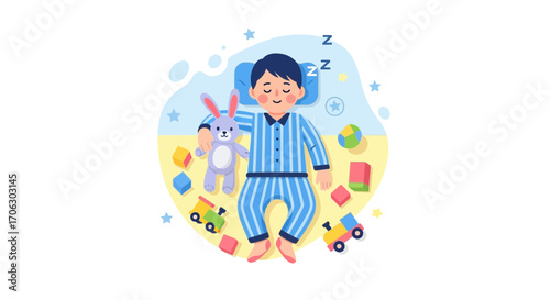 Sweet Dreams: A Child Asleep, Surrounded By Toys, Vector Illustration, Comfortable Rest