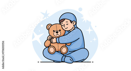 Sweet Moment Of A Child Embracing A Teddy Bear In A Dreamy And Playful Illustration
