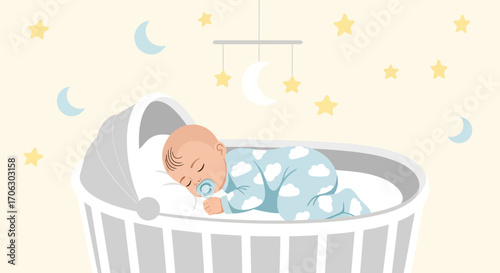 Sweet Dreams Of A Sleeping Newborn In Adorable Crib Decorated With Stars And Moon