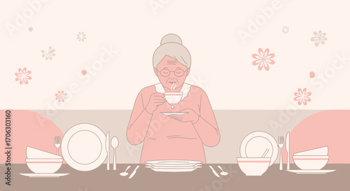Sweet Elderly Woman Enjoying Tea, Peacefully Dining, Surrounded By Floral Decor