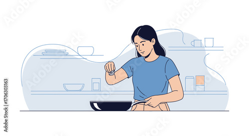 Woman Adding Seasoning to Food in Kitchen with Modern Vector Illustration Style