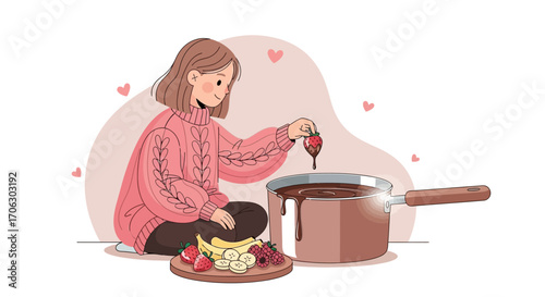 Sweet Strawberry Dip: A Charming Illustration Of Chocolate Fondue And Delightful Fruits