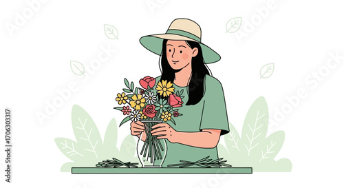 Woman Admiring And Arranging Flowers In A Vase, Enjoying The Floral Art And Sunshine