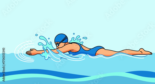 Swimmer Gliding Through Water Creating Splashes Depicting Wellness, Activity, and Leisure.