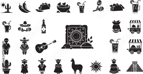 Minimalist Mexican culture icon set – black-and-white silhouettes of tacos, sombreros, maracas, pyramids, cacti, and traditional attire for heritage, celebration, and themed design.
