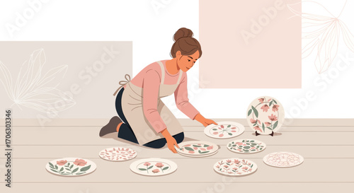 Woman Admiring Handmade Floral Pottery Collection, Artistic Crafting and Decor