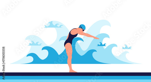 Swimmer Preparing to Dive Into Aquatic Environment Amidst Dynamic Wave Patterns