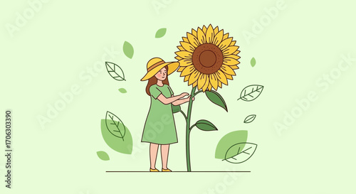 Woman Admiring Large Sunflower In Sunny Garden With Green Leaves And Hat