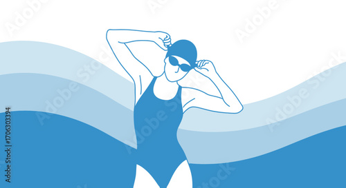Swimmer Readying For Aquatic Sports Competition With Swimwear And Goggles Depicted In Lines