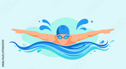 Swimming Champion Doing Front Crawl Swimming In The Water With Water Splash Illustration
