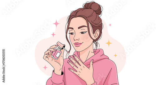 Woman Applying Nail Polish With A Perfect Manicure In A Trendy, Colorful Illustration