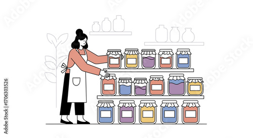 Woman Arranging And Selecting Colorful Preserved Jars Standing In A Kitchen