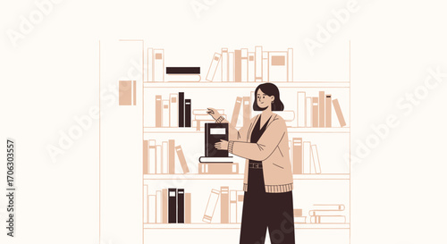 Woman Arranging Books in a Library, Illustration Depicting Academic Pursuit