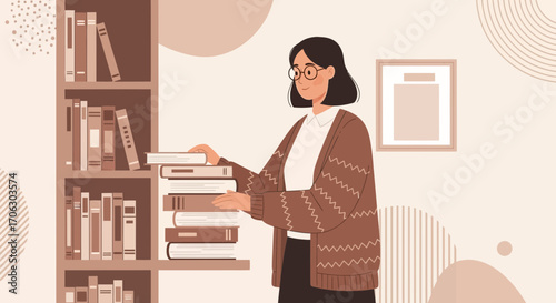 Woman Arranging Bookshelf In Library, Cozy Reading Atmosphere, Literary Scene