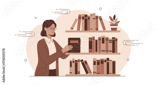 Woman Arranging Books On Shelves In A Cozy Library Setting A Comfortable Atmosphere