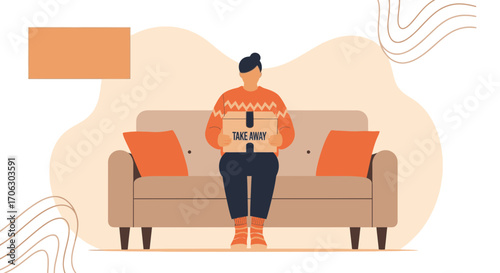 Takeaway Delivery Concept, Home Relaxation, Person Holding Food Box, Sofa Setting