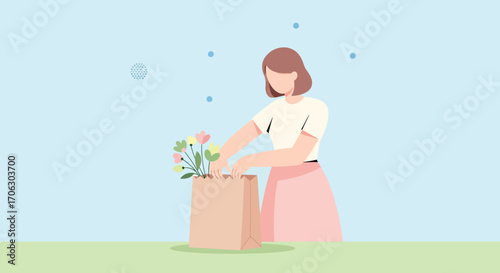 Woman Arranging Flowers in Paper Bag, Floral Bouquet and Pastel Tones for a Fresh Look