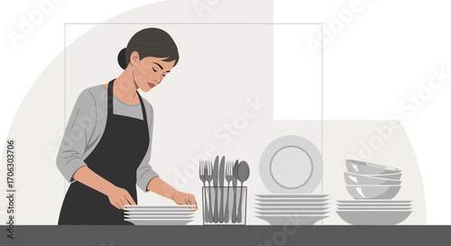 Woman Arranging Dishes And Cutlery In A Minimalistic Style Illustration