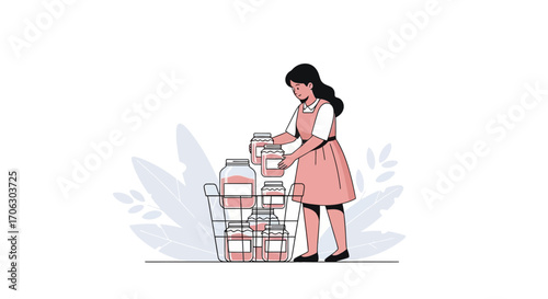 Woman Arranging Jars With Homemade Preserves Captures Domestic Bliss And Food Preservation Efforts