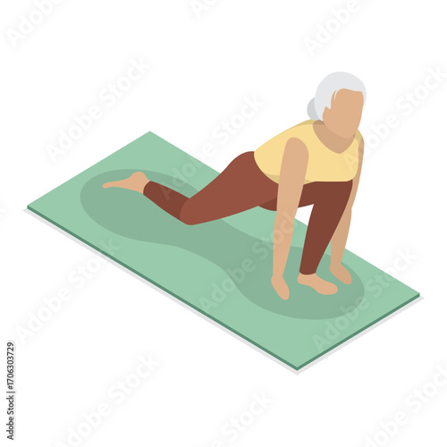3D Isometric Flat Vector Illustration of Elderly Various Exercises, Active Seniors Engaging In Stretching, Cardio, Yoga, Pilates. Item 2