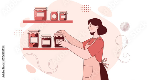 Woman Arranging Jars Of Preserves On Shelves In A Pantry Illustration