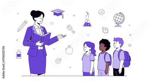 Teacher Educating Students In Classroom With Educational Icons and School Supplies Illustration