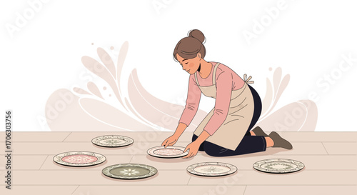 Woman Arranging Plates On Floor, Kitchen Illustration, Domestic Artistic Scene