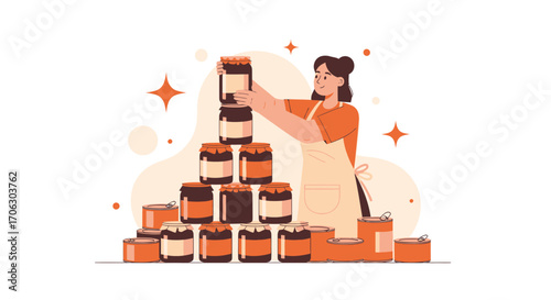 Woman Arranging Preserved Food In A Pyramid, With A Touch Of Artistic Illustration