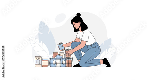 Woman Arranging Supplies and Goods in Storage Jars for Home Organization