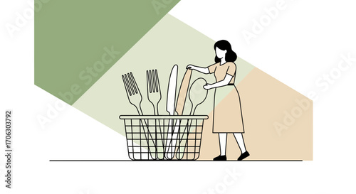 Woman Arranging Utensils: A Simple Yet Elegant Composition Perfect For Dining Themes