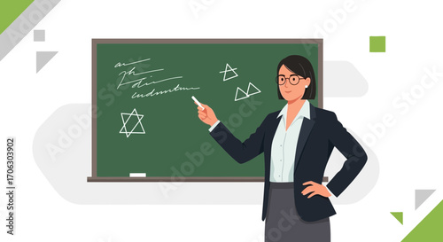 Teacher Explaining Geometry Principles with Chalkboard Demonstrations and Elegant Style