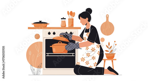 Woman Baking In Kitchen With Pot And Oven Cooking And Having Beautiful Kitchen Life