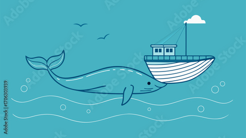 Whale swimming under a fishing boat in the ocean in minimal blue line art flat vector style