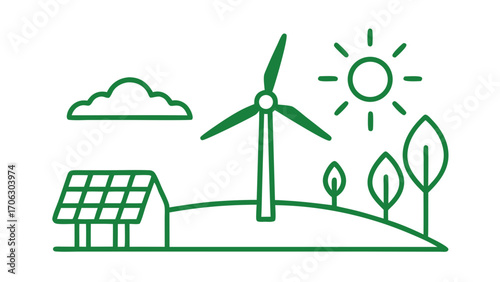 Sustainable energy landscape with wind turbine, solar panel, sun, trees and clouds in green minimal line art style