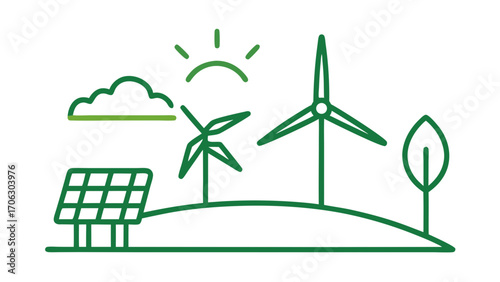 Eco-friendly energy concept with wind turbines, solar panel, sun and tree in minimal green line art vector style