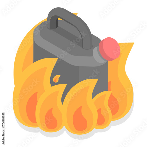 3D Isometric Flat Vector Set of Burning Gasoline Containers, Flammable Gas Tank. Item 2