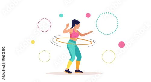 Woman Balancing Hoop In Light Colorful Exercise Illustrative Design On White Background