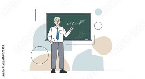 Teacher Explaining Mathematical Equation on Chalkboard in a Modern Minimalist Illustration