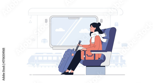 Woman By Train Window, Journeying With Luggage, Ready To Travel The World