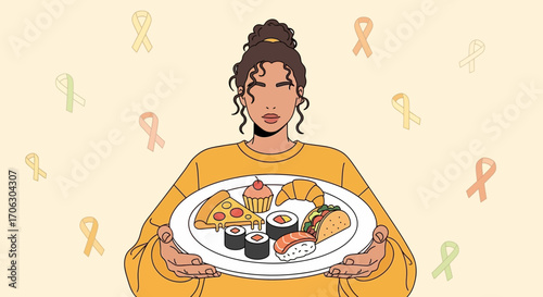 Woman Carrying Colorful Plate with Variety Of Food and Ribbon Emblems For Health Awareness