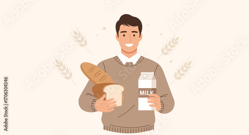 Smiling Man Holds Bread And Milk Cartoon Illustration For Healthy Lifestyle